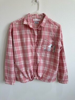 Zara Pink and White Plaid Button-Down Shirt with Snoopy Patch